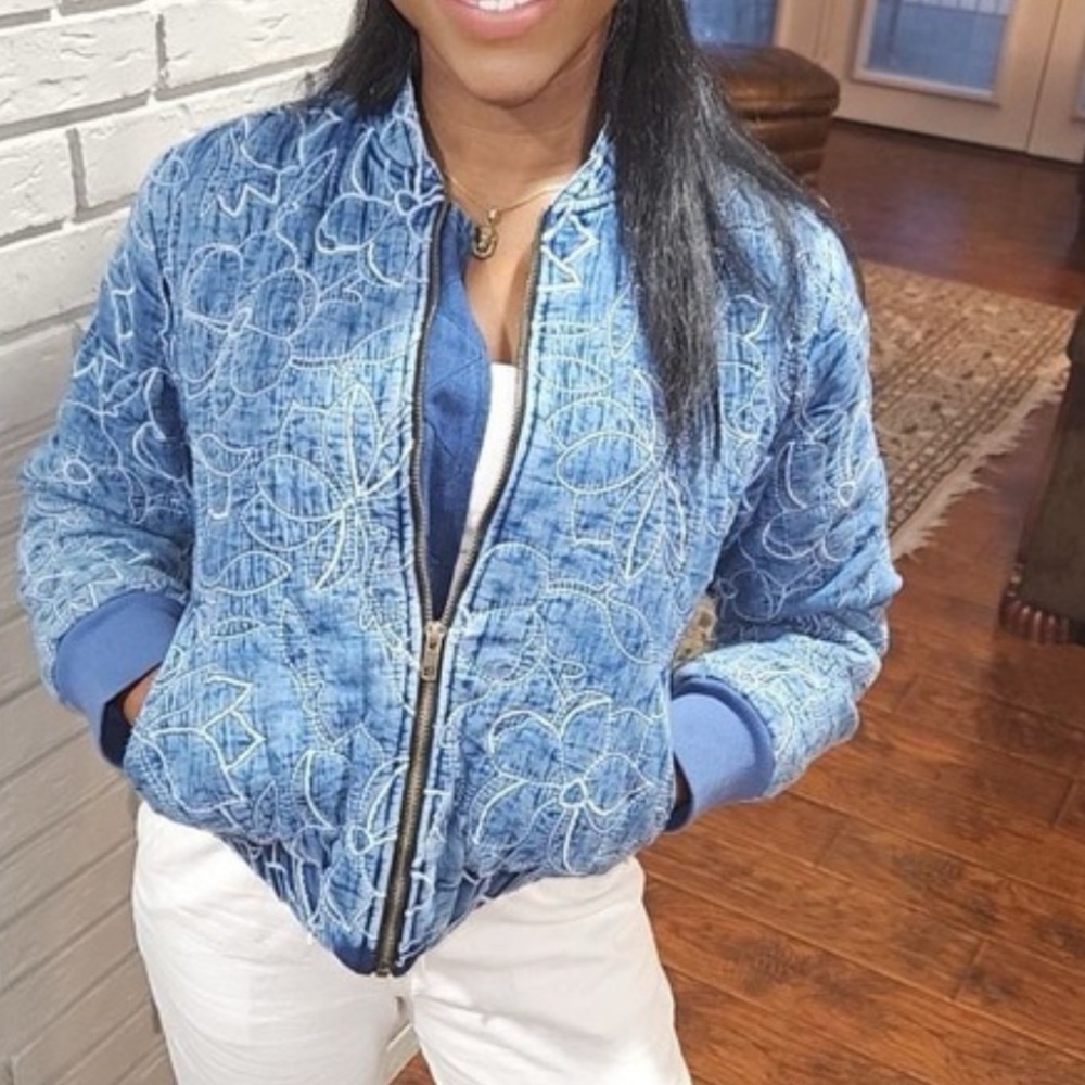 Elan quilted bomber jacket denim blue cotton size M - Picture 4 of 14